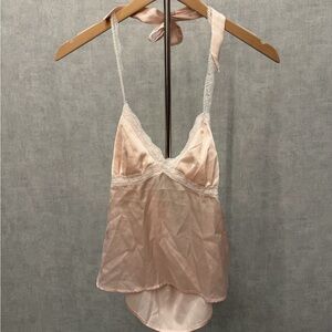 Silky Lace-Trim Pink Camisole Halter Top